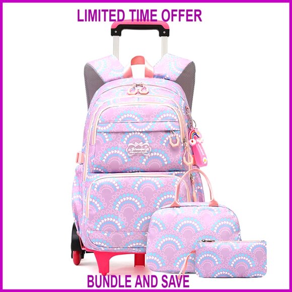 3Pcs Rolling Backpack Set with Wheels Trolley Schoolbag Nylon Polyester